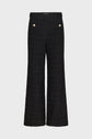 Black textured wide-leg pants with front pockets and gold buttons, displayed on a plain white background.