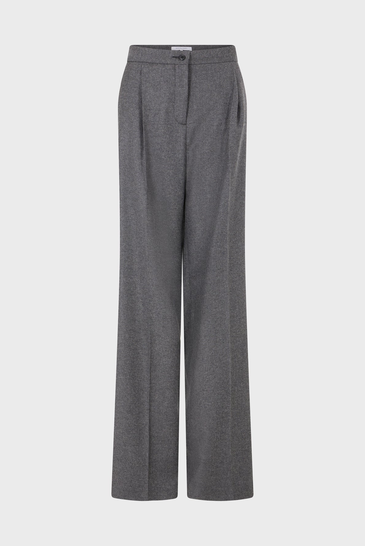 Gray high-waisted, wide-leg trousers with front pleats and side pockets, displayed against a plain white background.
