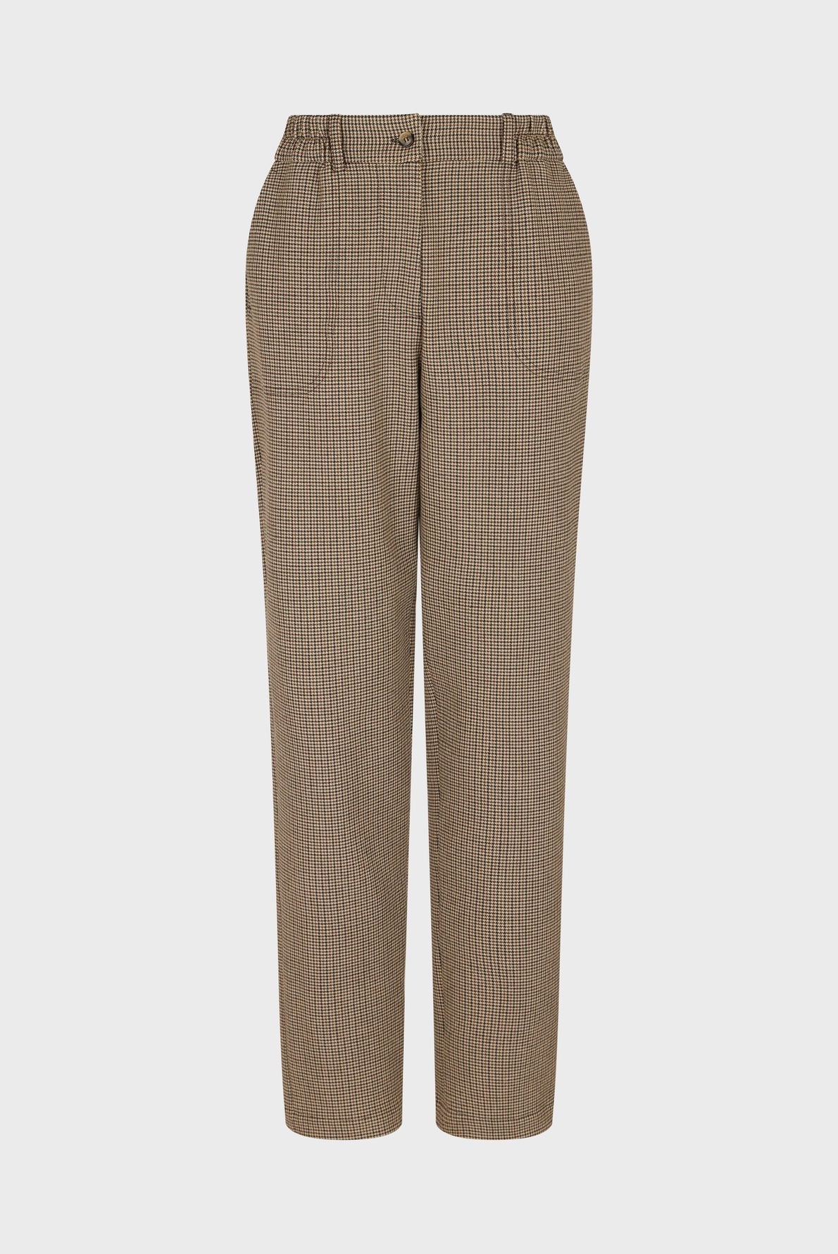 Brown high-waisted trousers with a small checkered pattern, front pleats, side pockets, and belt loops, displayed against a plain white background.