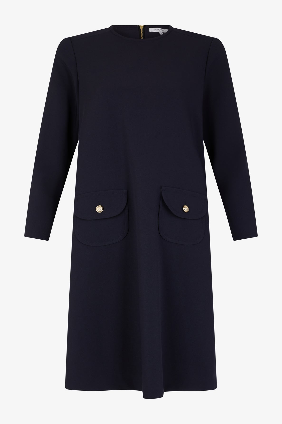 A navy blue, long-sleeve robe courte in soft microfibre, featuring a round neckline and two front flap pockets adorned with elegant boutons dorés.