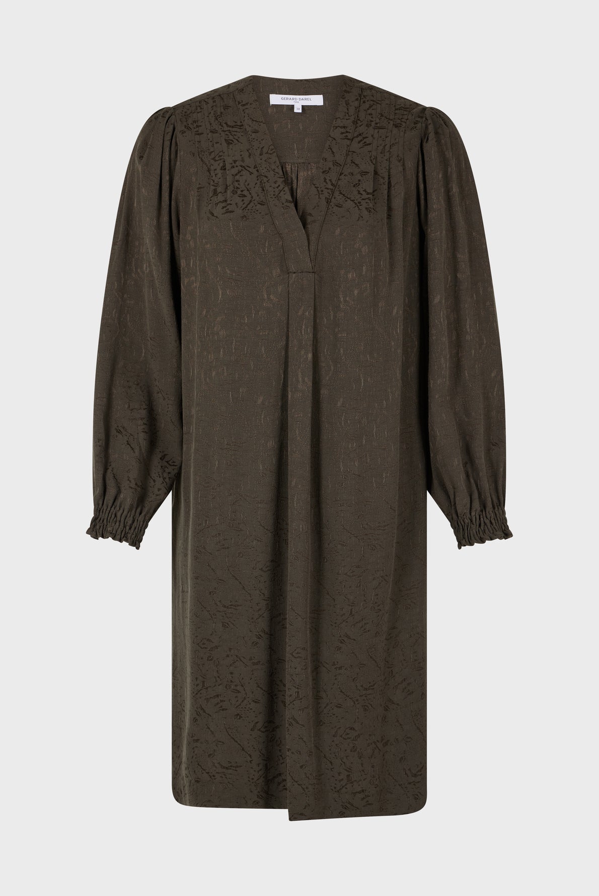 Dark olive green, knee-length robe droite with long, slightly puffed sleeves, subtle jacquard textured pattern, v-neckline, and gathered cuffs, displayed on a plain white background.
