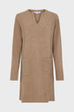 Light brown, long-sleeve knit dress with a V-notch neckline and two front pockets, displayed on a plain white background.