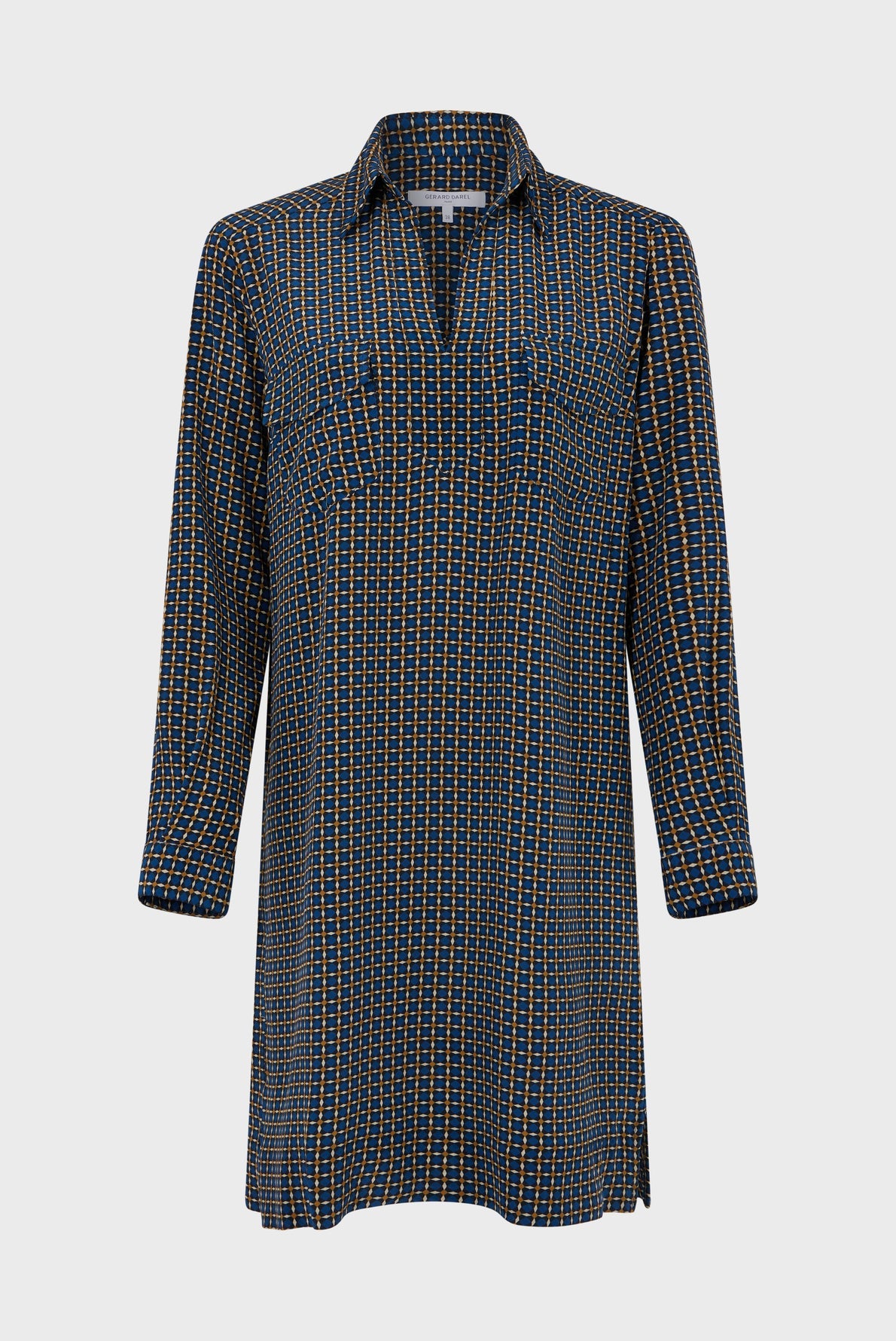 Long-sleeve shirt dress with a navy blue base and small yellow rectangular motif géométrique, featuring a collared neckline and buttoned chest pockets, displayed on a plain white background.