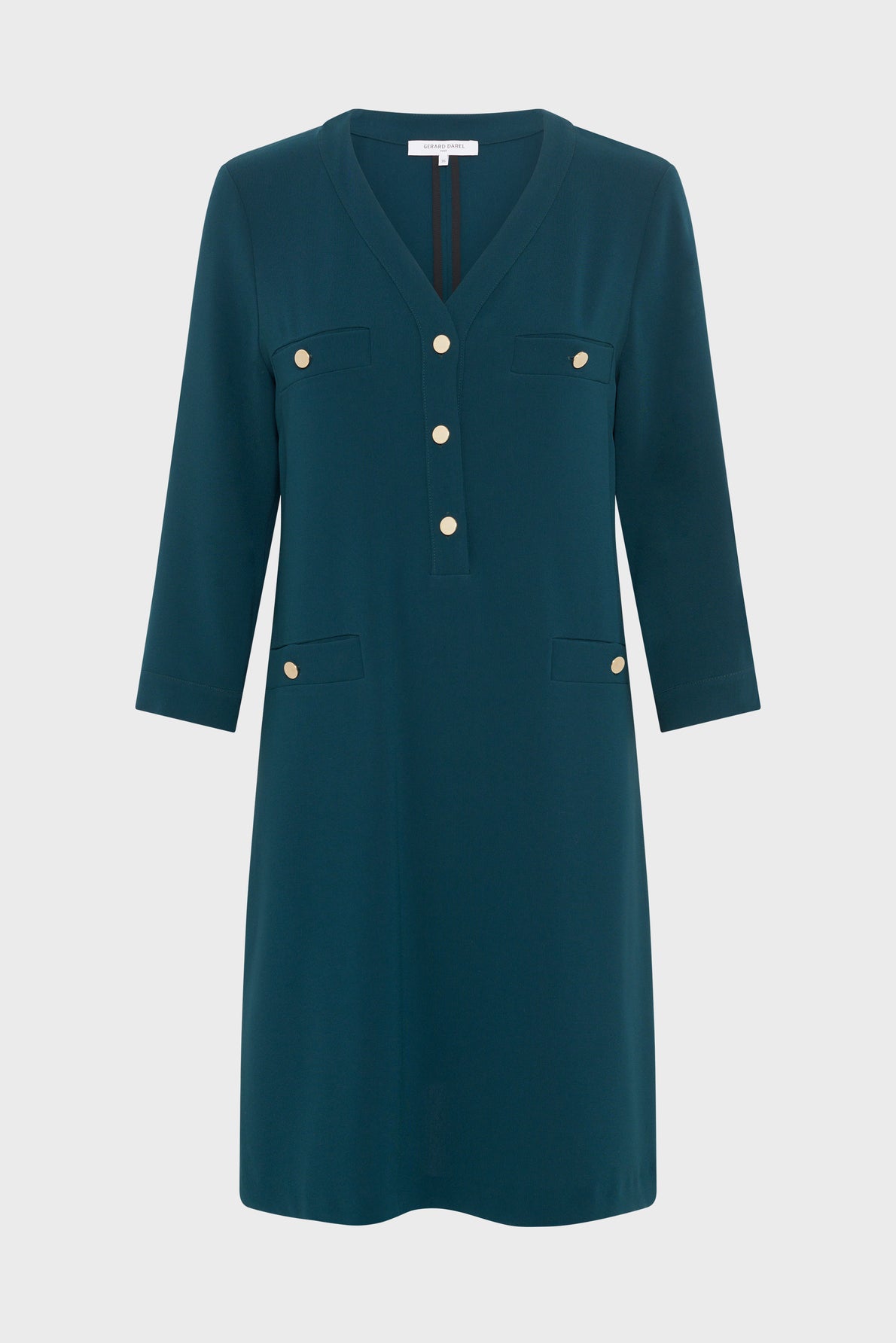 Teal, knee-length robe courte with a V-neck, three-quarter sleeves, gold buttons down the front, and four flap pockets—two at the chest and two at the hips.