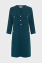 Teal, knee-length robe courte with a V-neck, three-quarter sleeves, gold buttons down the front, and four flap pockets—two at the chest and two at the hips.