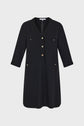 Black knee-length robe courte noire with three-quarter sleeves, a V-neckline, four boutons dorés, and four front flap pockets. The dress is displayed on a plain white background.