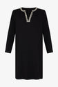 Black long-sleeve shift dress with a knee-length hem and a V-neckline embellished with silver and white bead detailing, reminiscent of a col strass. This robe courte features chic button accents on the cuffs for an elegant finish.