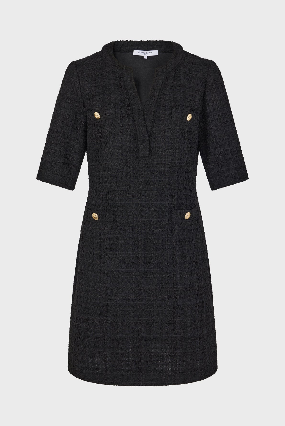 Short-sleeved black tweed dress with a V-neckline, two chest pockets, two hip pockets, and gold buttons on each pocket, displayed on a plain white background.
