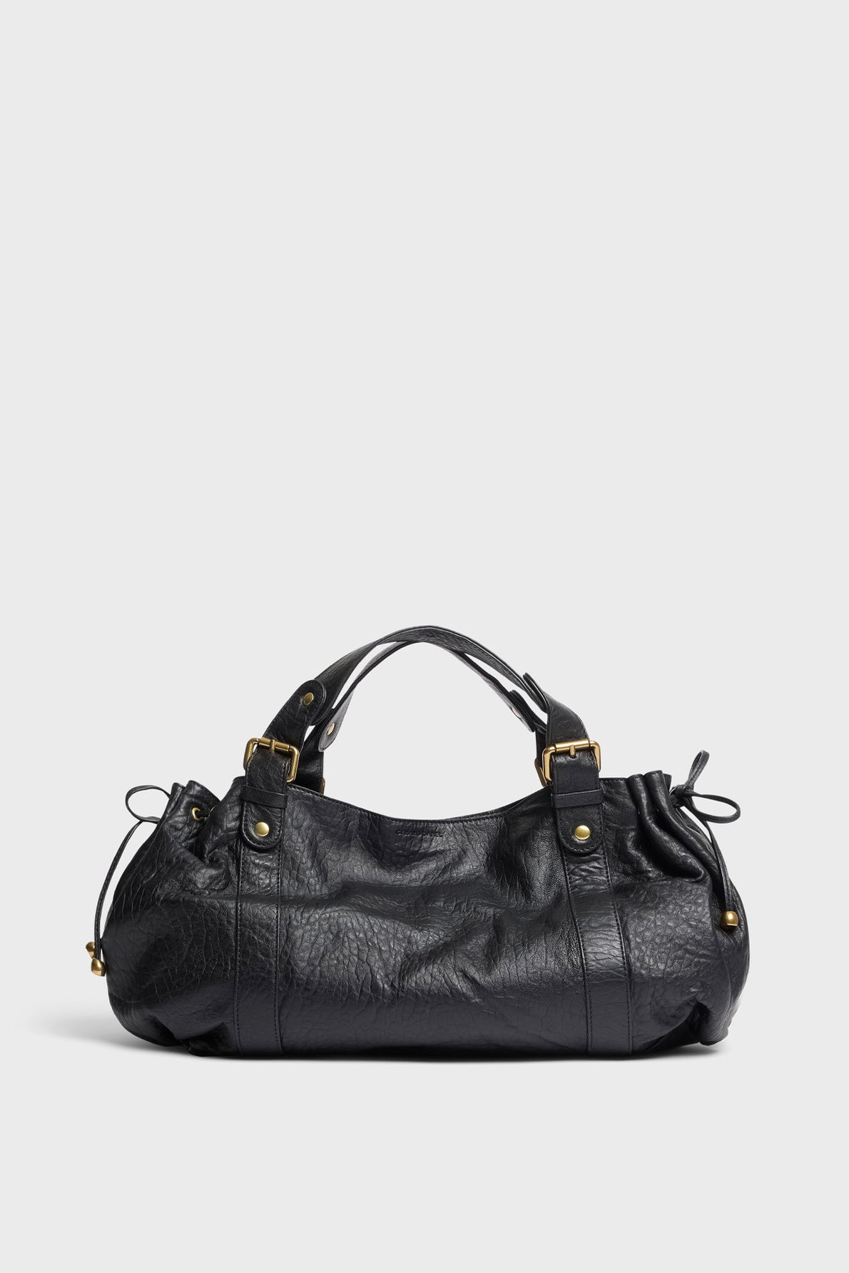 A black Darel sac à main cuir with two handles, gold hardware, and a slightly slouchy, textured design in luxurious cuir bubble, shown against a plain light gray background.