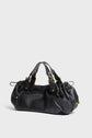A black sac à main cuir with gold hardware, two short handles, and gathered detailing on the sides, crafted in luxurious cuir bubble and inspired by the iconic sac 24H Darel, set against a plain light grey background.