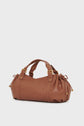 Brown leather sac à main with gold hardware, double handles, decorative stitching, and drawstring side details crafted from cuir délicat, displayed against a plain white background.