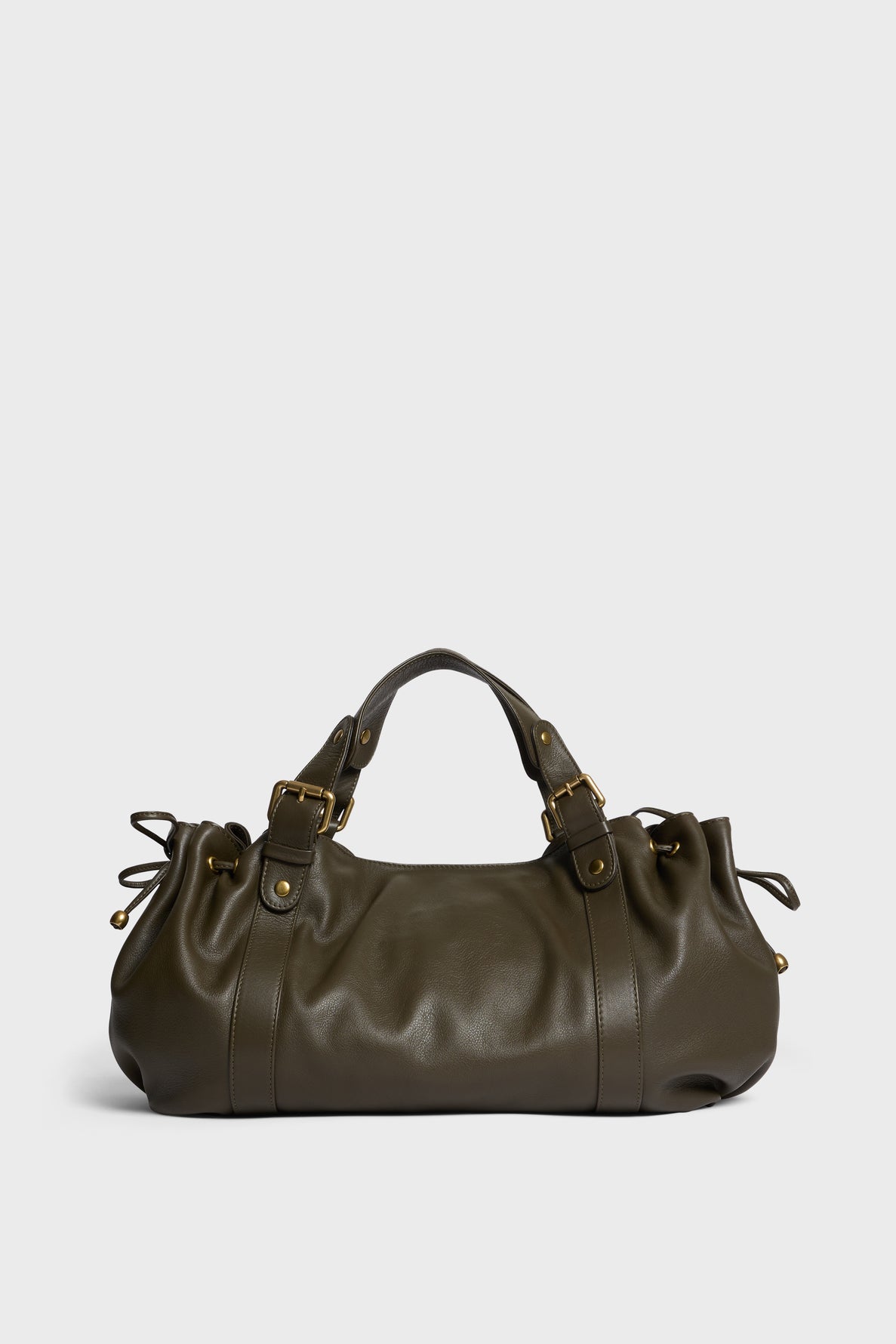 Olive green leather sac à main with gold hardware, double handles, and side drawstring details, crafted from cuir délicat and set against a plain white background—a sophisticated piece from maroquinerie Darel.