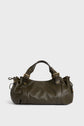 Olive green leather sac à main with two short handles, gold-tone hardware, buckle details, and a slouchy, softly structured shape, set against a plain white background—a refined piece of maroquinerie Darel crafted from cuir délicat.