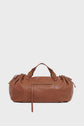 Brown leather duffel bag crafted from cuir délicat with a top handle, gold hardware, front zipper pocket, and drawstring details on each side—perfect as a sac à main 72h—shown against a plain white background.
