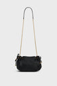 A small black Gerard Darel leather handbag crafted from cuir grainé, featuring a gold chain shoulder strap and drawstring details on both sides, set against a plain white background.