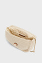 Beige textured shoulder bag with a gold chain strap, button closure, and beige fabric lining. This sac fait main is open, showing the interior compartment and a small pocket inside.