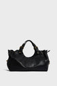 Black leather sac à main with double handles, gold hardware, and a subtle embossed logo on the front, reminiscent of the timeless elegance found in cuir Darel designs, set against a light gray background.