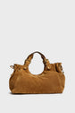 A brown suede handbag, or sac à main daim, with gold hardware, double handles, and a soft, slouchy design is displayed against a plain light background, reflecting the timeless elegance often found in Maison Darel collections.