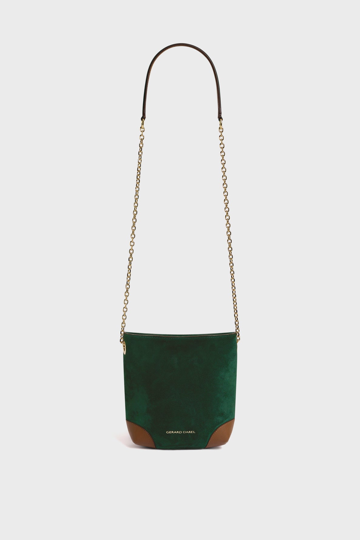 Dark green Mini Charlotte sac bandoulière in cuir velours with a gold chain strap, brown leather corners, and Grand Canal branding on the front, set against a plain white background.