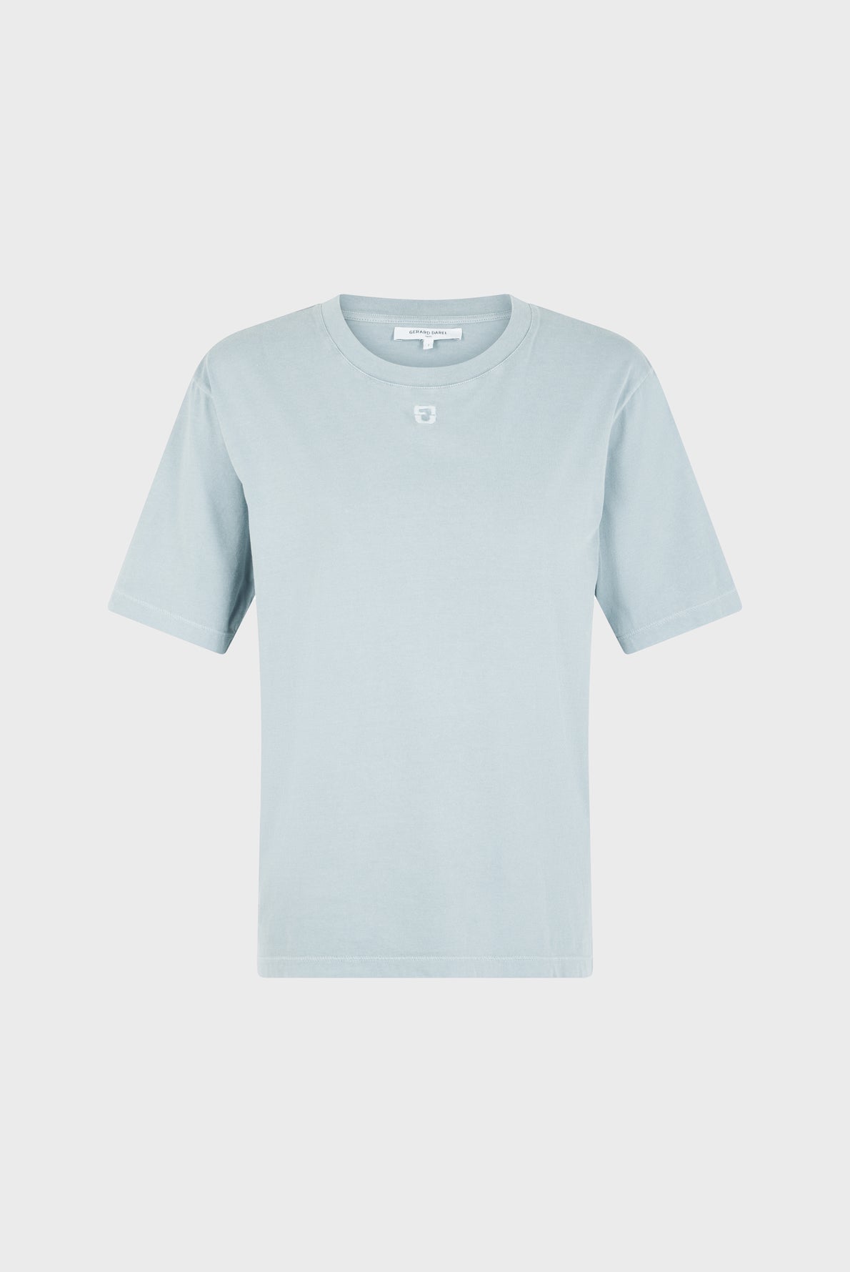 Light blue short-sleeve crew neck t-shirt with a small white logo centered on the chest, displayed on a plain white background.
