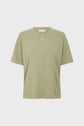 Light olive green short-sleeve t-shirt with a round neckline and a small, subtle embroidered logo on the chest, displayed on a plain white background.