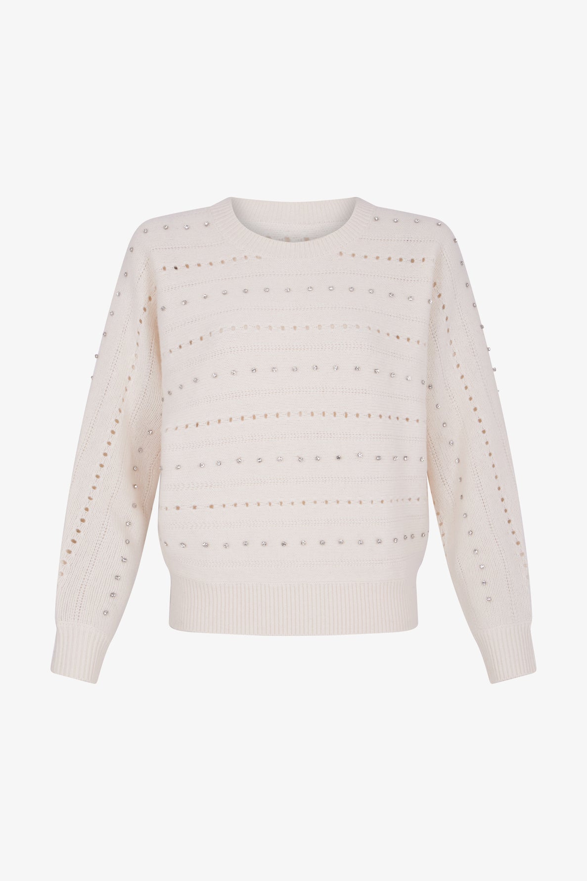 A cream-colored knit sweater featuring a crew neck, long sleeves, and small silver studs arranged in horizontal rows across the entire garment.