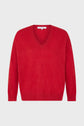 Bright red V-neck sweater with long sleeves, displayed on a plain white background. This pull col V, crafted in a rich rouge profond shade, features a classic, simple design with ribbed cuffs and hem.