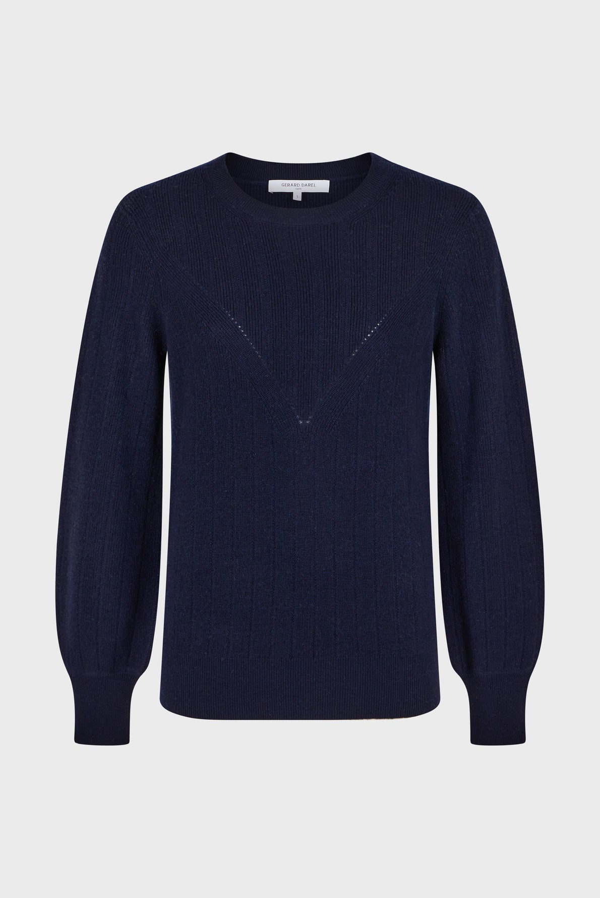 Dark blue, long-sleeve, ribbed knit sweater with a crew neckline and subtle V-shaped knit pattern on the chest, displayed on a plain white background.
