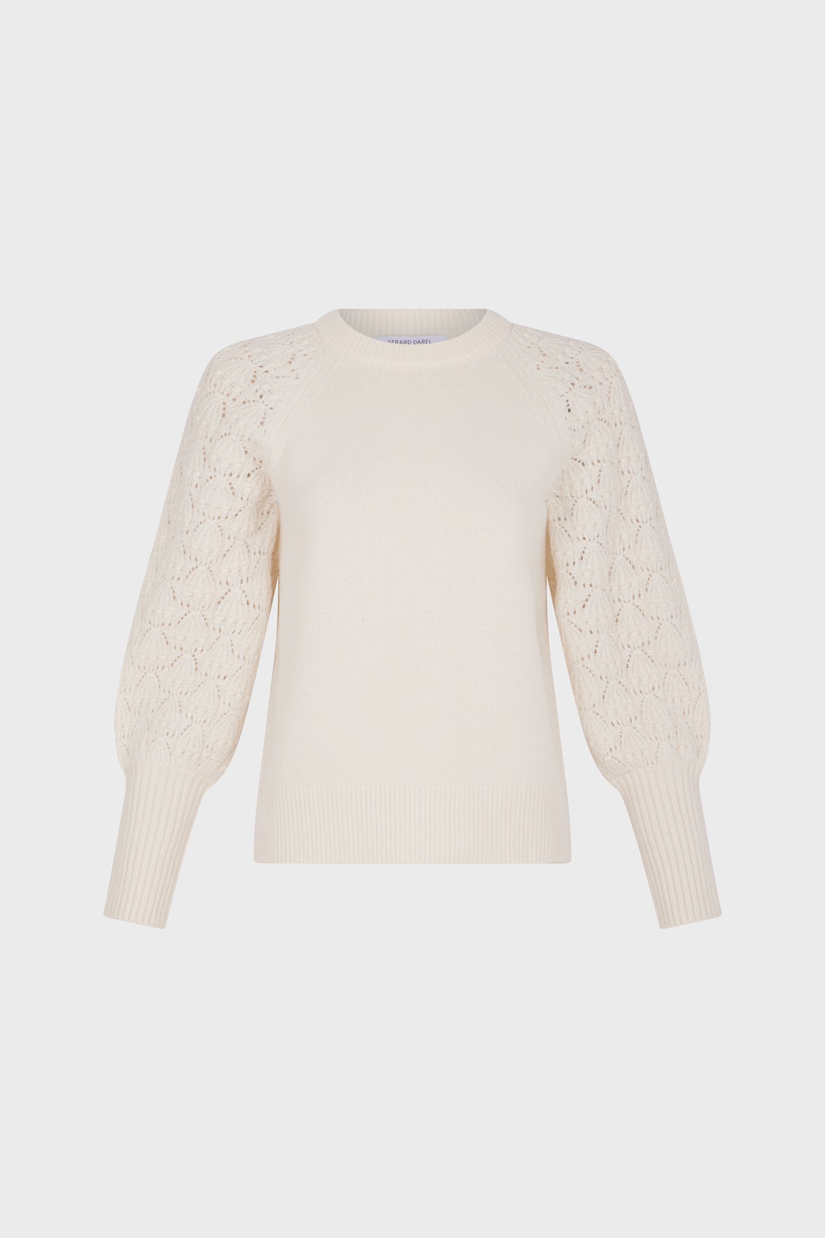 Cream-colored sweater with textured, balloon-style lace sleeves and ribbed cuffs, hem, and neckline, displayed on a plain white background.