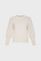 Cream-colored sweater with textured, balloon-style lace sleeves and ribbed cuffs, hem, and neckline, displayed on a plain white background.