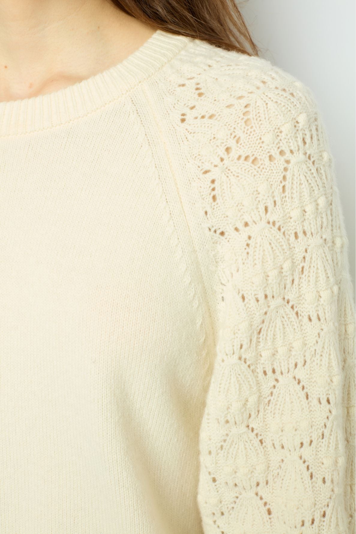 A close-up of a cream-colored sweater with a textured, lace-like knit pattern on the sleeve and a smooth knit on the body.