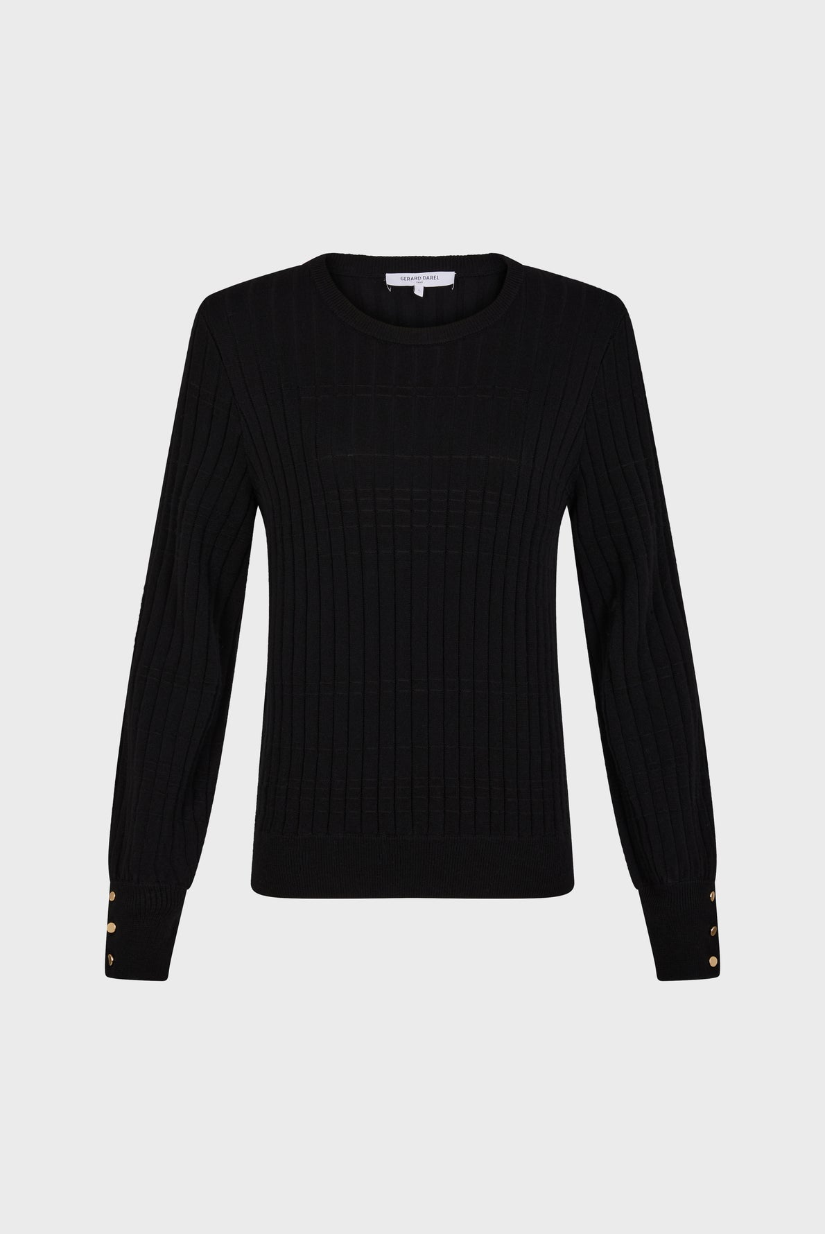 A black, long-sleeve, ribbed-knit sweater with a crew neckline and gold buttons on the sleeve cuffs, displayed on a plain white background.