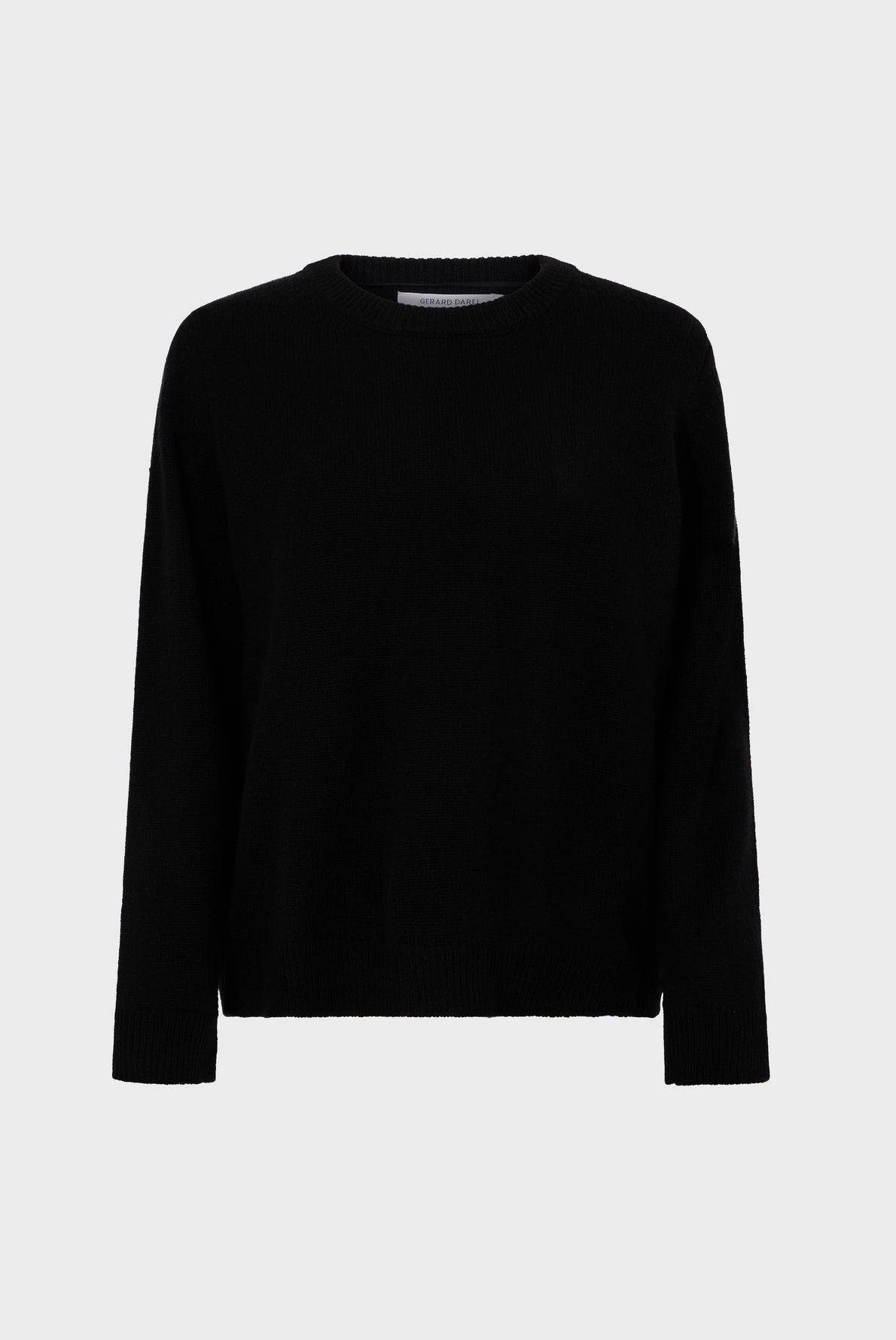 A plain black long-sleeve knit sweater with a crew neckline, displayed on a white background.