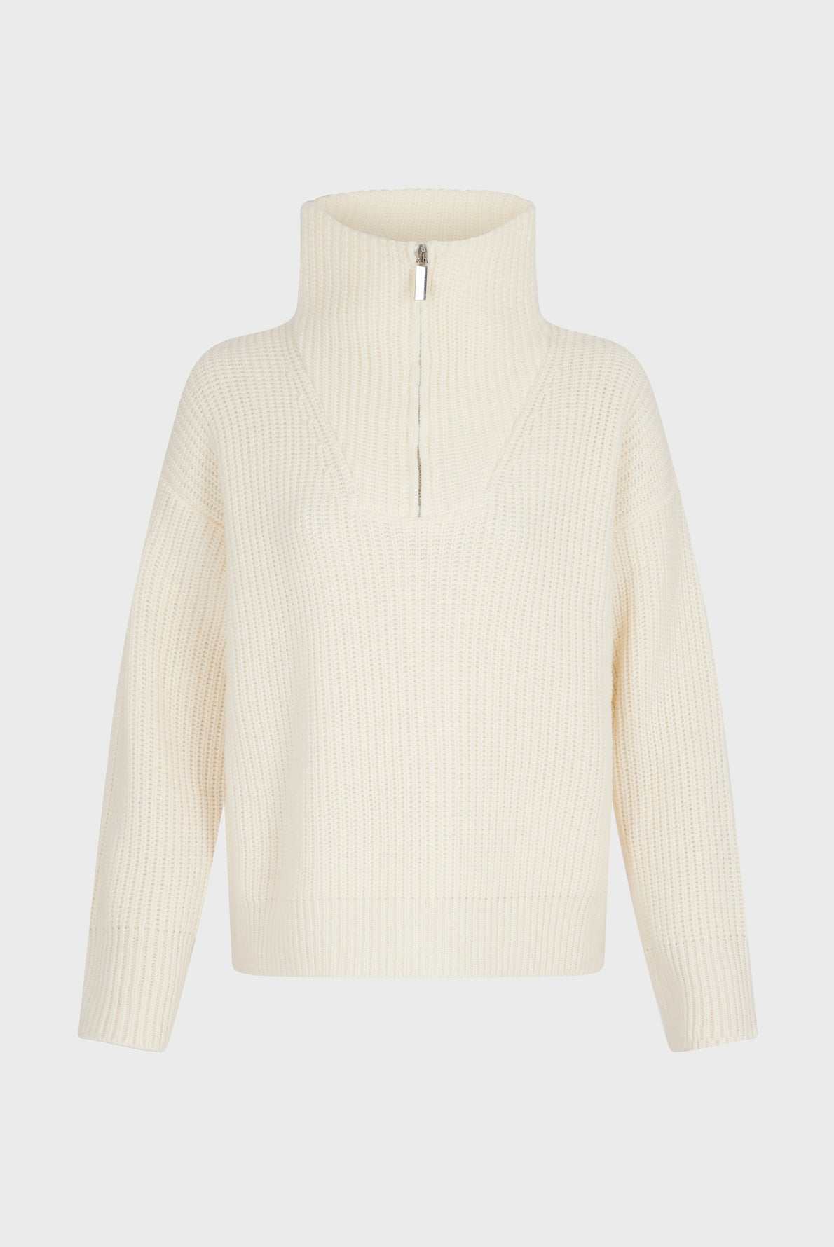 Cream-colored ribbed knit sweater with long sleeves and a high zip-up collar, displayed against a plain white background.