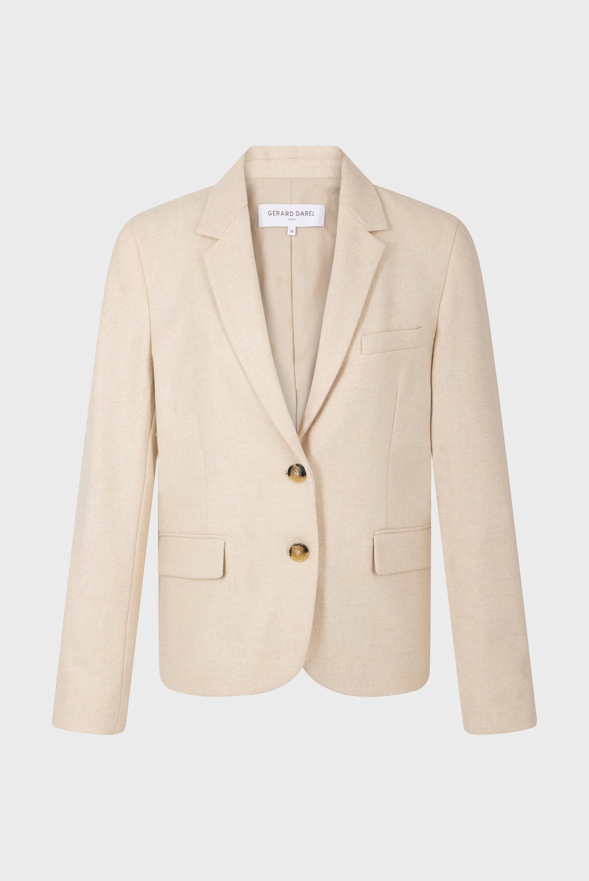 Beige tailored blazer with a notched lapel, two front buttons, two flap pockets, and one chest pocket, displayed on a plain white background.