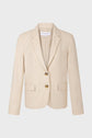 Beige tailored blazer with a notched lapel, two front buttons, two flap pockets, and one chest pocket, displayed on a plain white background.