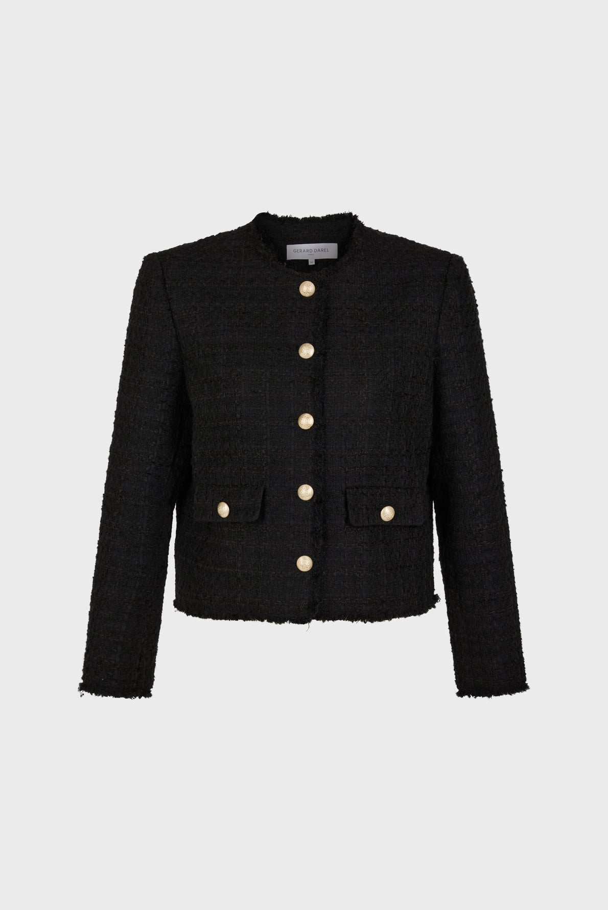 A black, textured, long-sleeve jacket with gold buttons, two front pockets, and a round collar displayed on a plain light background.