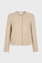 A beige, long-sleeve, button-up tweed jacket with two front pockets, displayed against a plain white background.