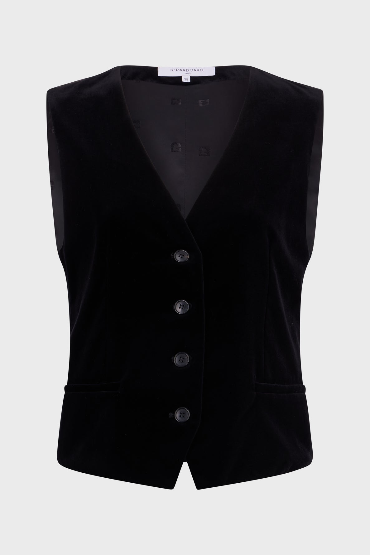 A black velours gilet sans manche with four buttons down the front, two small front pockets, and a V-neckline, displayed on a plain white background.