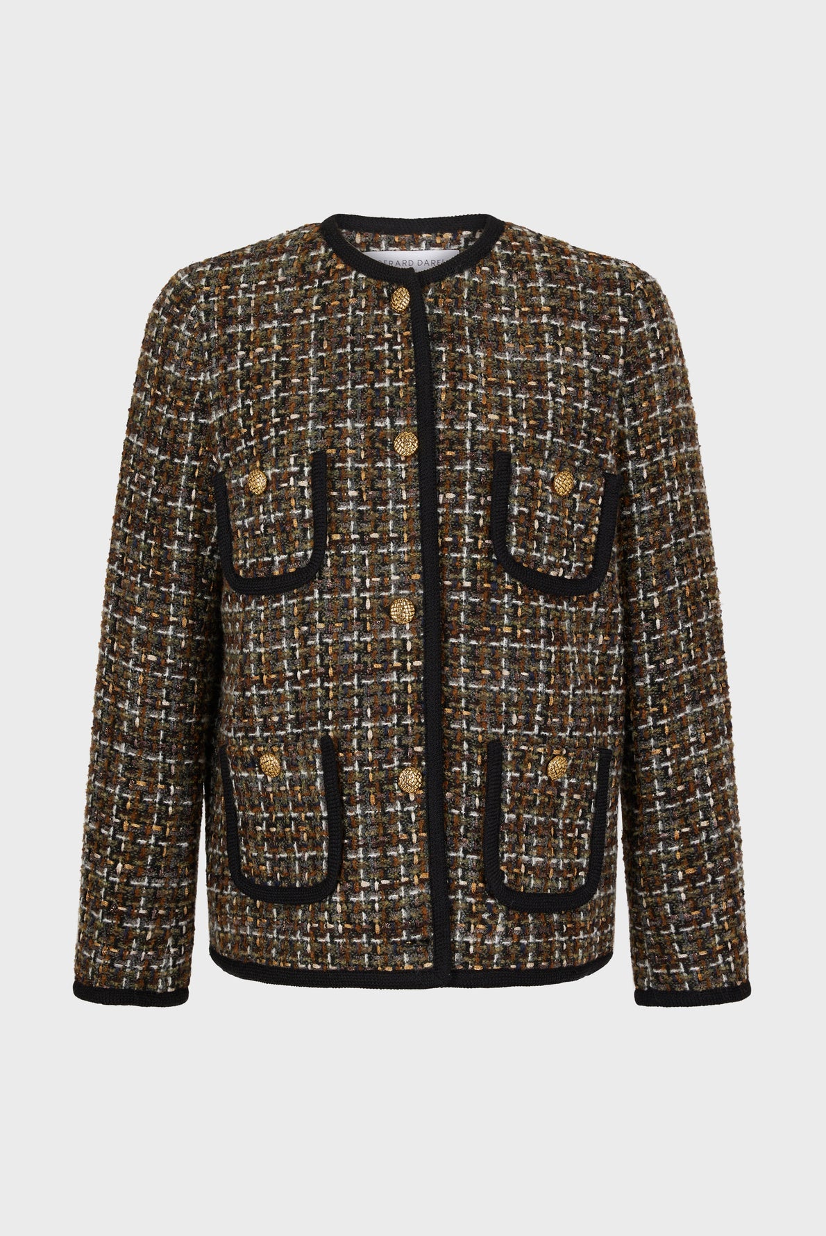 A brown plaid veste en tweed with gold buttons, black trim on the edges and pockets, and two chest and two lower front pockets. This chic veste sans col features a round neckline and long sleeves for a timeless, sophisticated look.