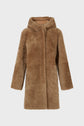 A brown faux fur coat with long sleeves and a hood, displayed on a plain white background. Reminiscent of a manteau peau lainée, the coat appears soft and warm, with a simple, straight silhouette and no visible buttons or zippers.
