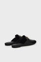A pair of black leather slip-on loafers with gold decorative accents, shown from a back-side angle on a plain white background.