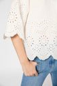 A person wearing light blue jeans and a white, eyelet-patterned, scalloped-edge blouse with one hand in their pocket. The image is cropped to show only the torso and arm.