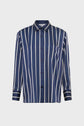 A long-sleeve, button-up chemise femme with vertical navy blue and white rayures contrastées. This shirt features a collar, front pocket, striped cuffs, and offers a refined twist on classic style.
