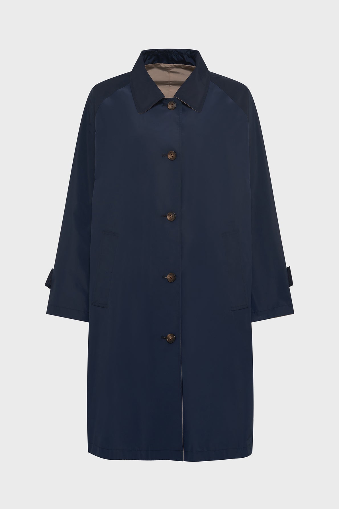 A navy blue, long-sleeve, knee-length coat with a collar, button-down front, two side pockets, and adjustable straps on the cuffs, displayed on a plain white background.