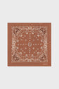 A brown square bandana carré in soft bandana coton, adorned with a classic white paisley and floral pattern, features intricate borders and small motifs géométriques, displayed on a plain light background.