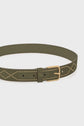 Olive green ceinture en cuir with a gold buckle and a gold studded diamond pattern along the strap, displayed against a plain white background.