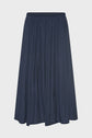 A navy blue, ankle-length pleated skirt with an elastic waistband, displayed against a plain white background.