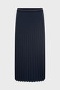 A navy blue, knee-length pleated skirt with a subtle waistband detail. The skirt features vertical pleats and a simple, classic design, shown against a plain white background.