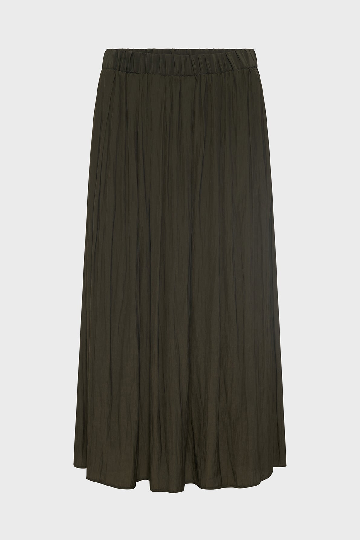 A long, dark olive green jupe plissée with a crinkled texture and an elastic waistband, displayed against a plain light background.